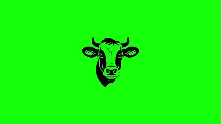 A black cow head silhouette on a vibrant green background.