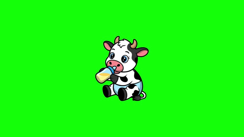 A cute cartoon cow wearing a diaper drinking from a baby bottle on green screen.