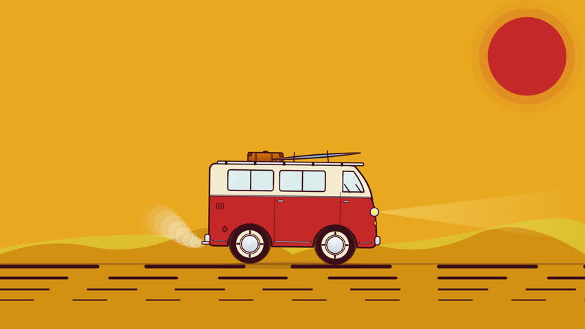 Animation of a vintage red camper van driving through a desert landscape during sunset.