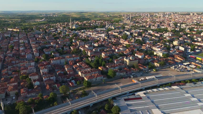 Establishing aerial drone view sweeping across dense residential quarters and urban infrastructure in Edirne, Turkey