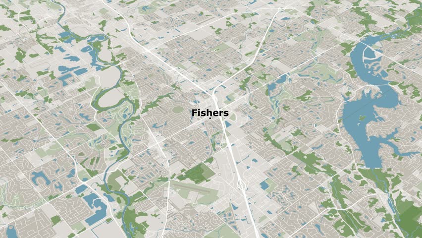 Zoom out on the map of Fishers City in Indiana, with text. Cinematic 3d city map animation, aerial views, documentary, tourism, and travel. 4k