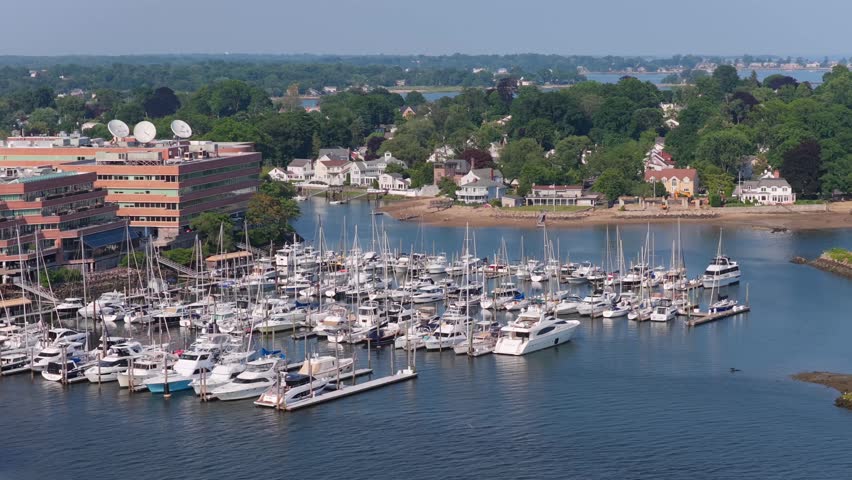 Sailboats and Yachts in Harbor. Marina in Stanford, Connecticut, aerial shot.