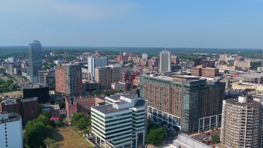 Clean Stamford, CT city skyline, drone shot.
