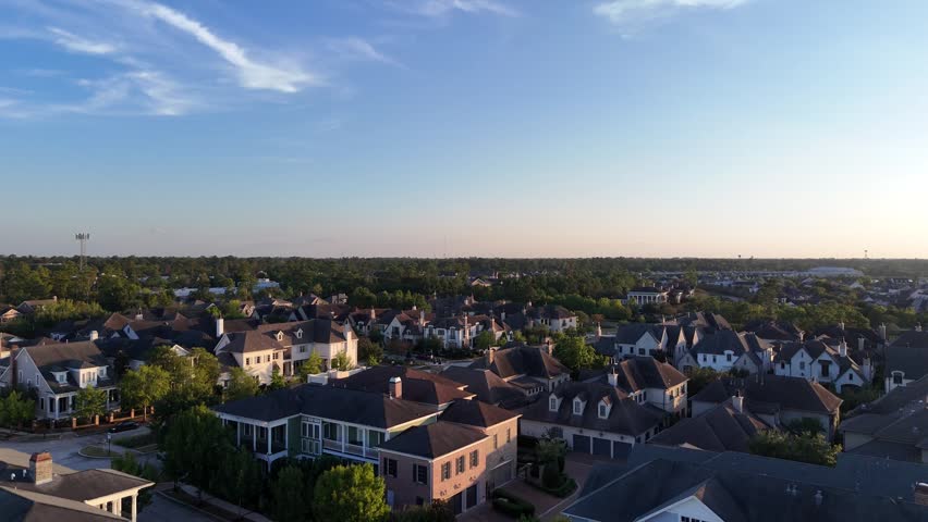 Aerial view of large mansion houses with swimming pool, in affluent neighborhood, Houston, Texas, expensive suburban houses, USA