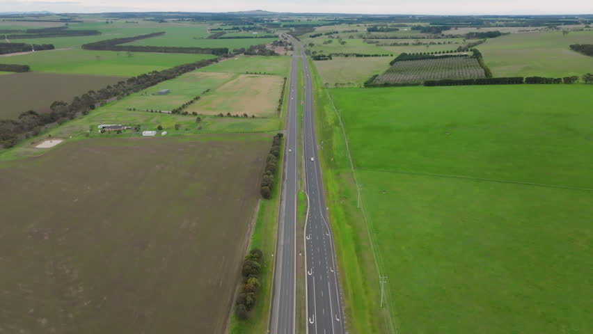 AERIAL Country Highway Over Farmland Of Rural Victoria Australia