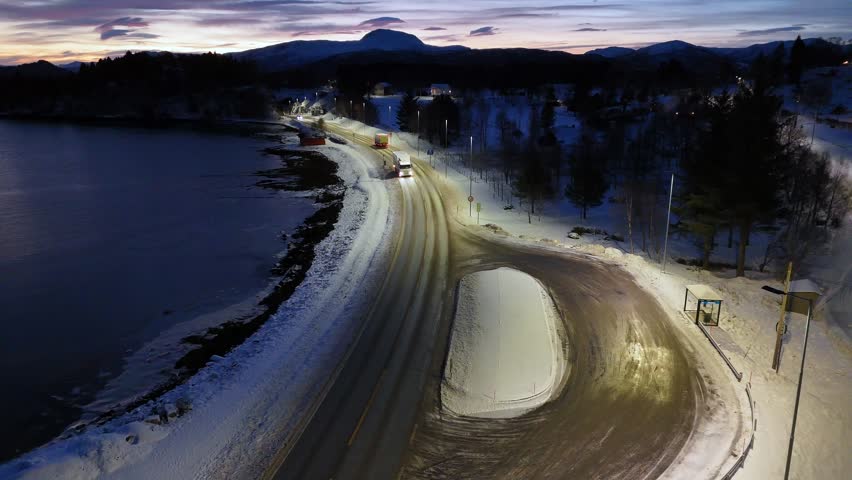 An aerial view of Riksvei 70 as it heads into the Krifast undersea tunnel connecting the municipalities of Kristiansund and Gjemnes, Norway
