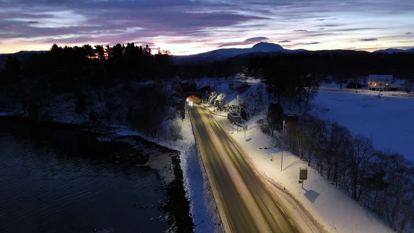 An drone view of Riksvei 70 as it heads into the Krifast undersea tunnel connecting the municipalities of Kristiansund and Gjemnes, Norway