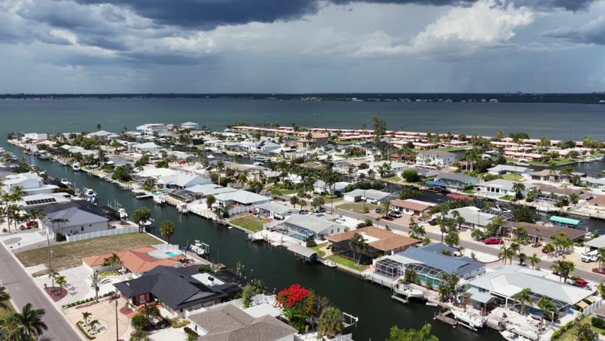 Dark storm clouds gather above Bradenton, Florida waterfront neighborhood, boats docked along narrow canal winding between waterfront homes plus screened swimming pools. Aerial drone flyover