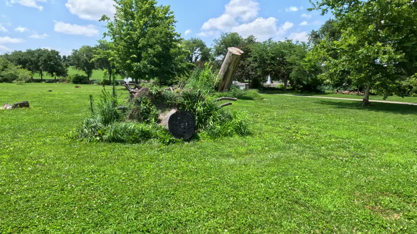Approaching a massive uprooted tree trunk and its large dirt-covered root stump following storm damage at Forest Park in St. Louis, Missouri, USA. 