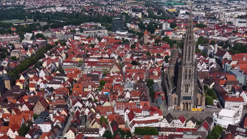 Aerial view around the old town and the  Münster cathedral of the city Ulm in Germany on a sunny summer noon.