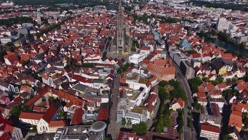 Aerial view around the old town and the  Münster cathedral of the city Ulm in Germany on a sunny summer noon.