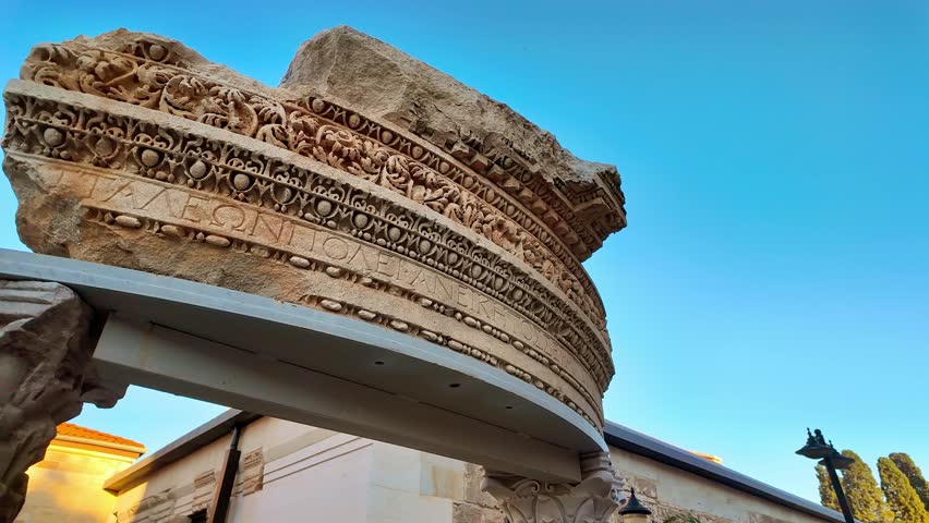 Close-up of kesik minare ancient ruins with carved greek inscription and ornate stonework.