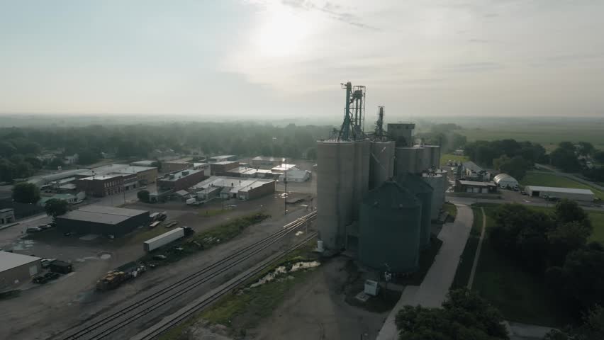 Wide aerial shot of a rural town in Iowa