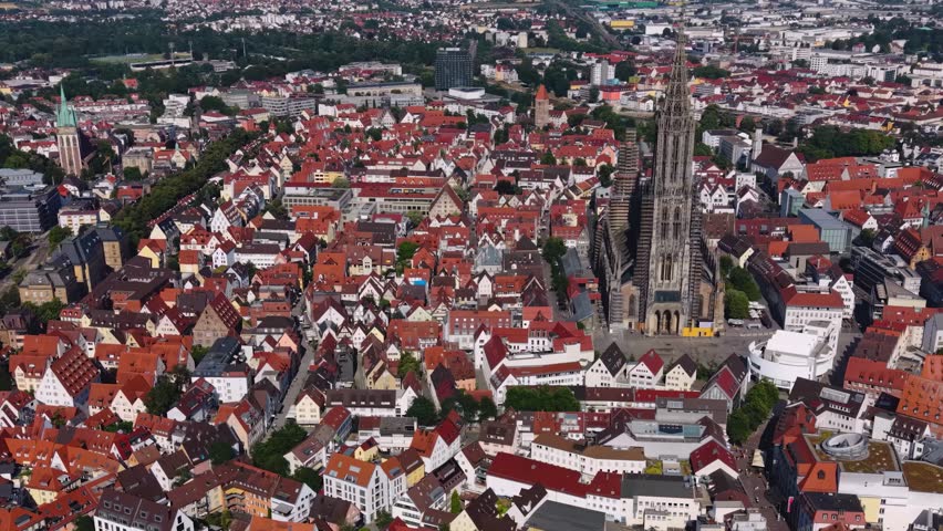 Aerial view around the old town and münster cathedral of the city Ulm in Germany on a sunny summer noon.