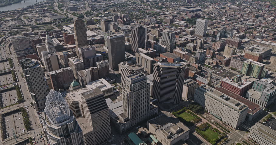 Cincinnati Ohio Aerial v13 flyover downtown area capturing urban cityscape, waterfront stadium, freeway interchange and views of Covington KY across the river - Shot with Inspire 3 8k - September 2023