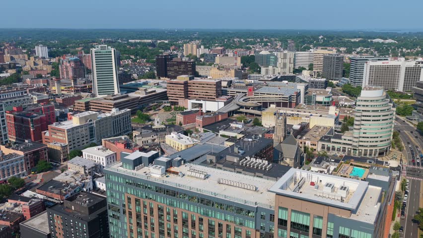City Center of Stanford, CT. 4K aerial footage of downtown. Drone shot.