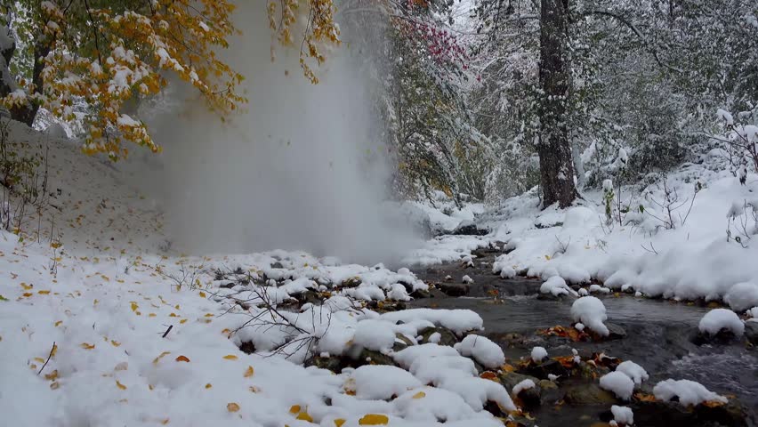 Snow Covered Forest Stream in Autumn with Falling Snow and Flowing Water