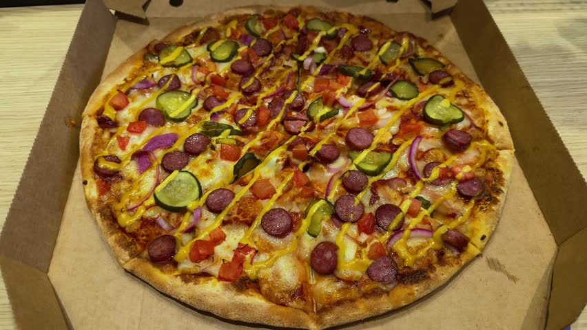 Whole pizza with sausage, pickles, onions and mustard in a cardboard box on a wooden table. fast food, takeaway, meal, lunch, dinner.