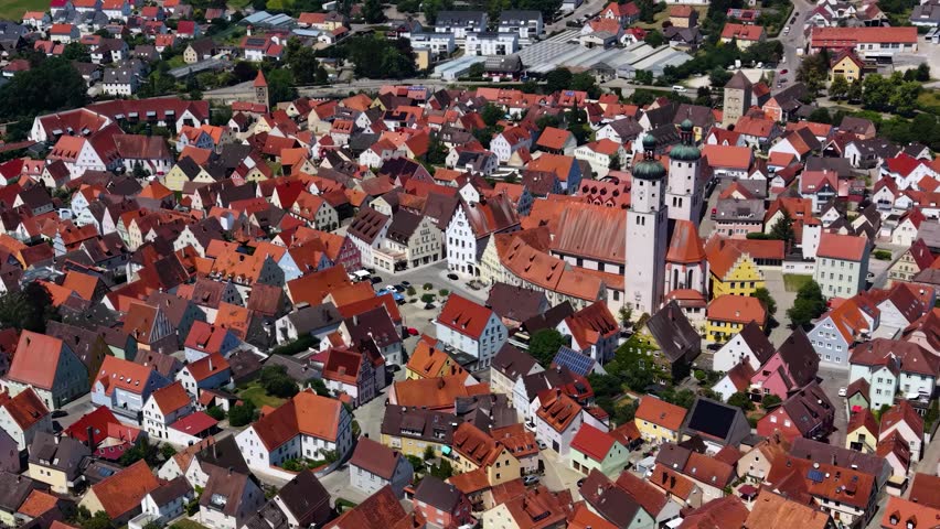 Aerial view around the old town of the city Wemding in Germany Bavaria, on a sunny spring afternoon. 
