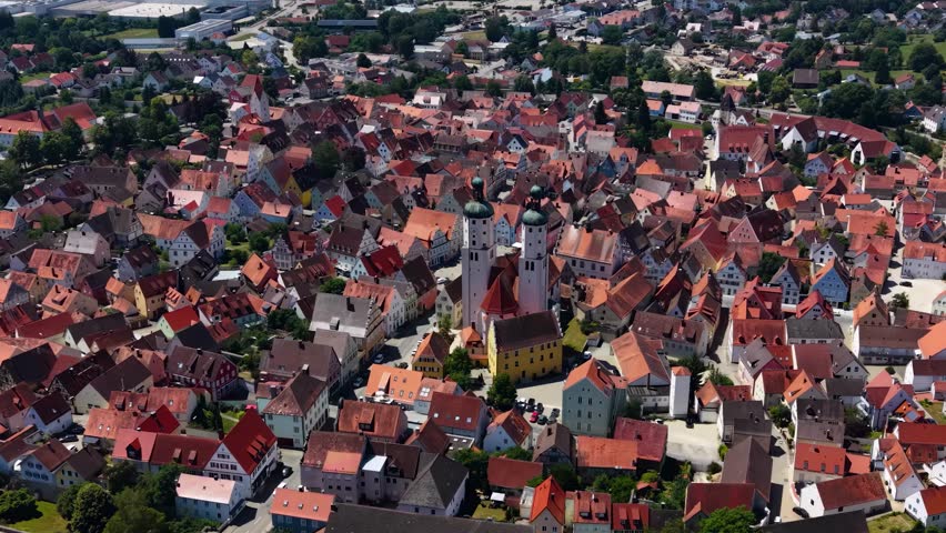 Aerial view around the old town of the city Wemding in Germany Bavaria, on a sunny spring afternoon. 