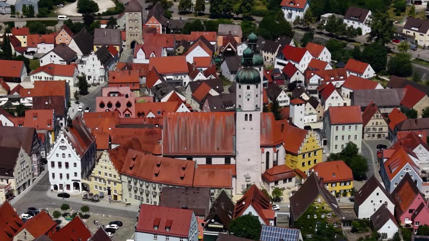 Aerial view around the old town of the city Wemding in Germany Bavaria, on a sunny spring afternoon. 