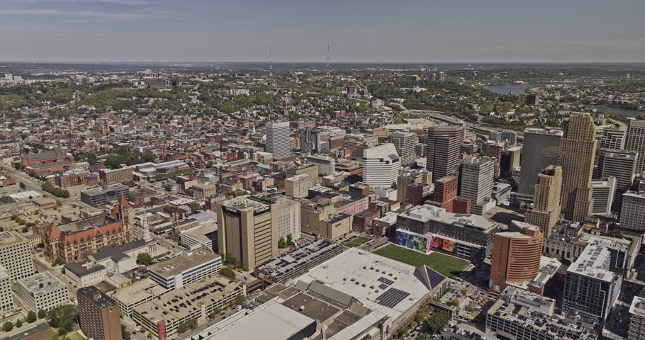 Cincinnati Ohio Aerial v76 drone flyover downtown capturing cityscape of central area, Over-The-Rhine and West End neighborhoods from above at daytime - Shot with 8k camera