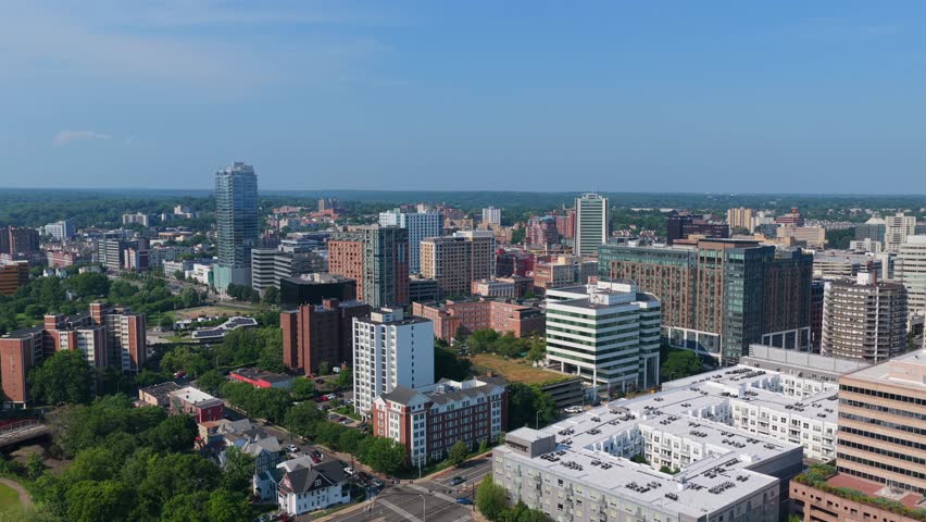 Stamford, CT aerial skyline shot of downtown.