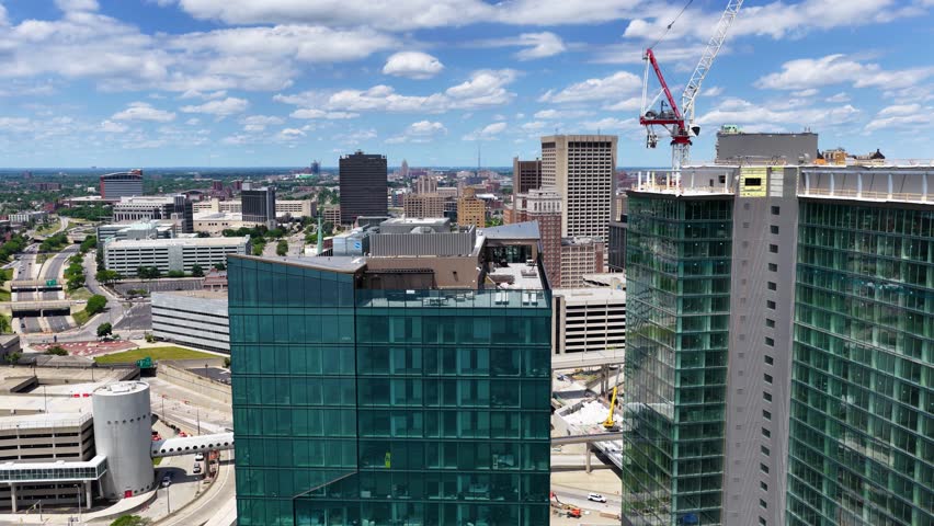 Aerial footage of Skyscrapers and office buildings in the skyline in Detroit Michigan USA