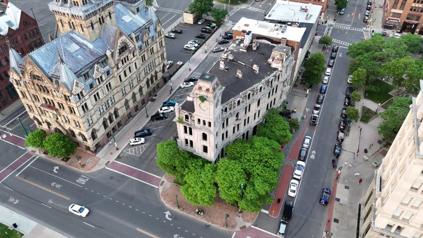 A display of second empire style architecture of a building in the downtown district of a city that exemplifies and creates the character that of an area that has a magnetic effect.