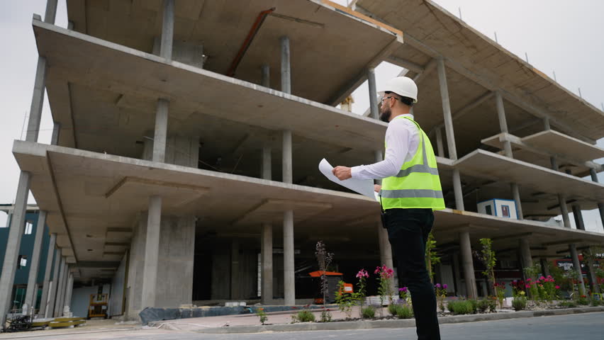 Civil engineer reviewing blueprints on construction site