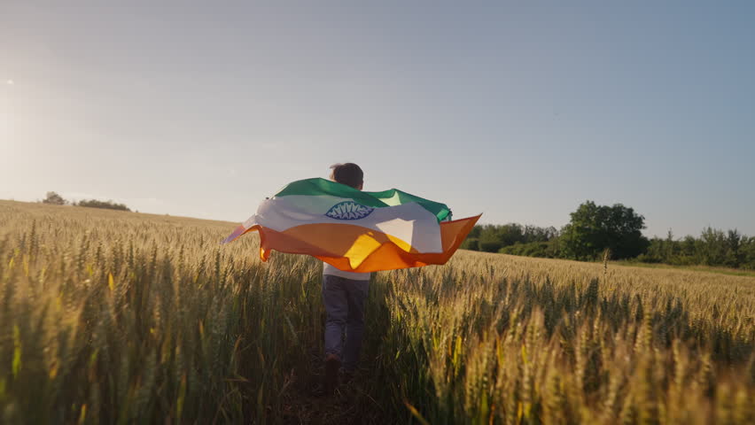 Happy Little Boy Indian Patriot Child Runs With National Flag, Celebration Banner, Holidays, India, Bharata. Independence day, windy tricolor.