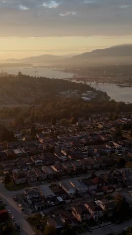 Golden Hour Aerial View Over Burnaby, Greater Vancouver, British Columbia, Canada at Sunset