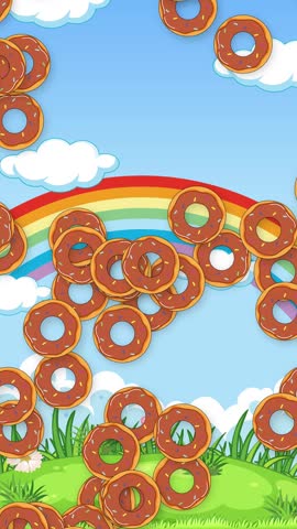 Cartoon chocolate donuts fall continuously against a vertical background with rainbow, clouds, and grass.