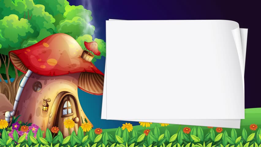 Animated fantasy mushroom cottage in a forest with smoke rising and copy space paper.