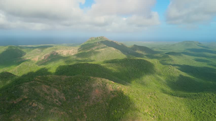 Christoffel Mountain Curacao Aerial View, Lush Green Jungle Hills Rolling to Rocky Peak