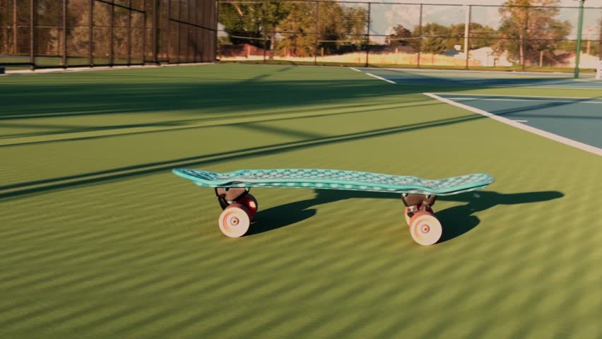 A skateboard rolls slowly across court from right to left and taps a chain link fence