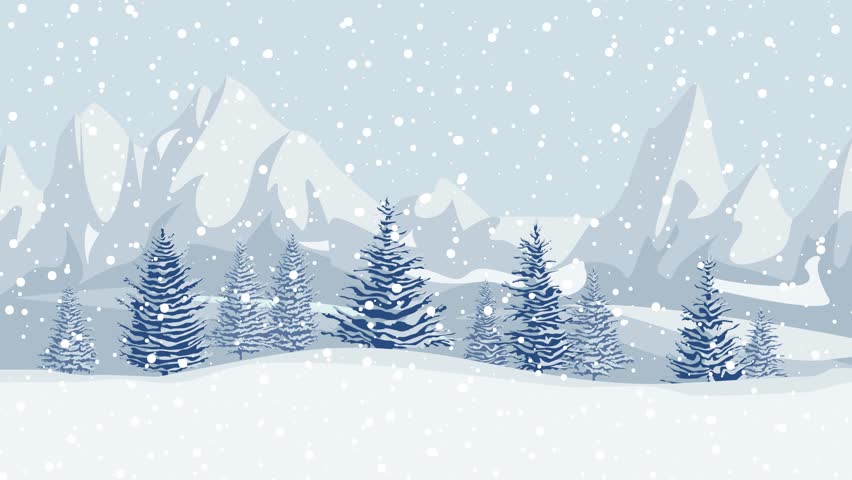 Snow falling on a forest in the mountain. Winter snowy landscape background. Seamless looping