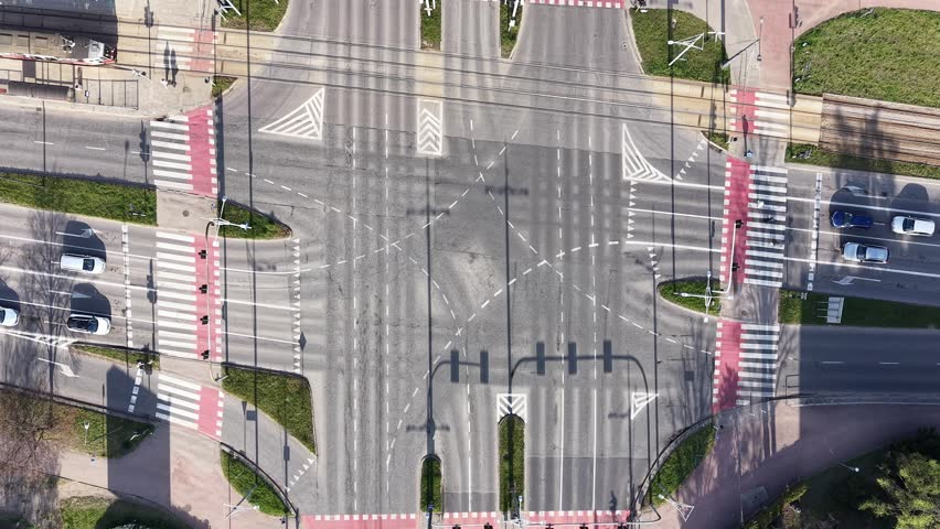 Aerial view of a busy city street intersection