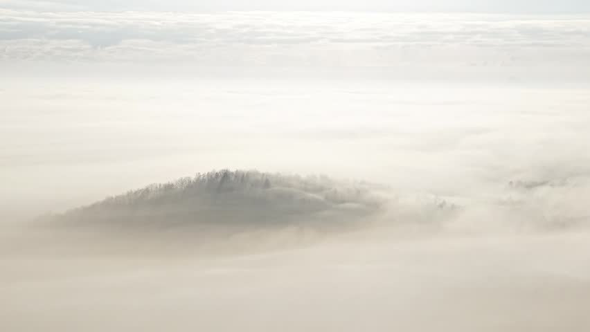 Foggy morning landscape with isolated tree hill