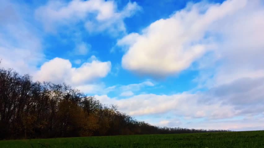 Beautiful timelapse of fast-moving white clouds over a green field and autumn trees. Scenic nature background showing dynamic wind movement and bright blue sky during daytime.