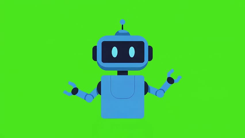 Flat Vector Cute Blue Robot 2D Pop Up Animation on Chroma Key Green Screen