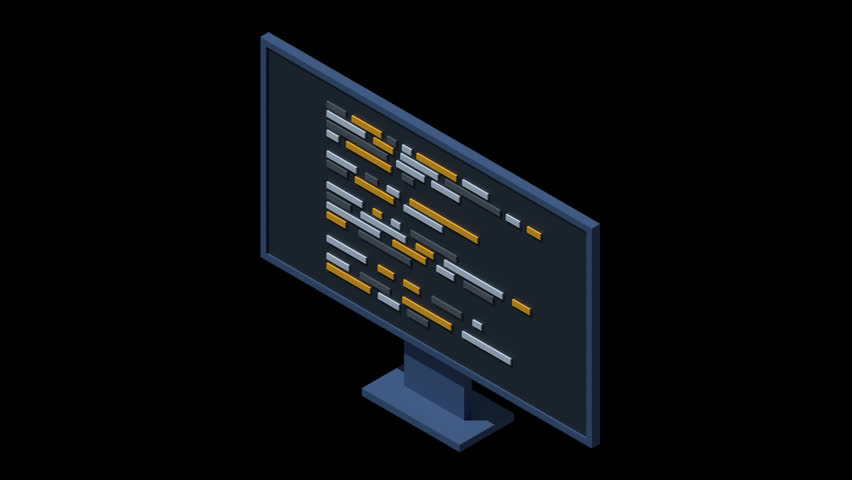 3D isometric monitor animation. Software programming coding concept. Code on computer monitor. Isometric technology. Transparent background with alpha channel