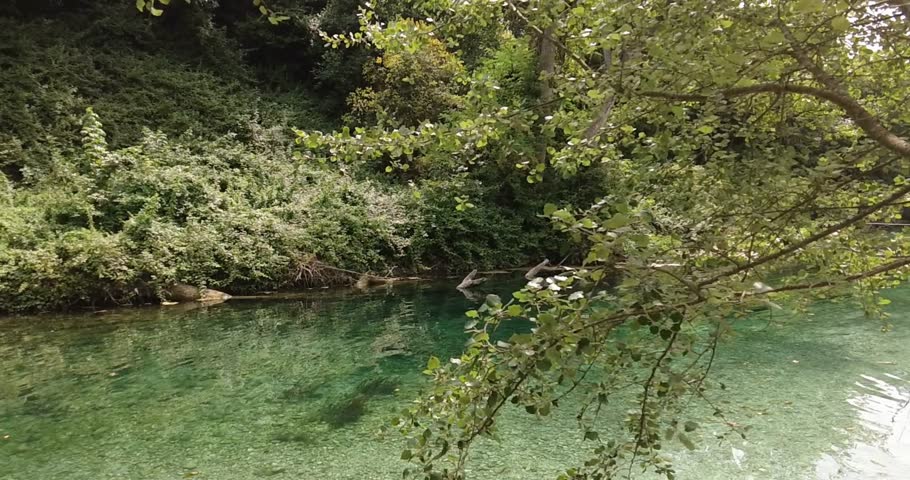 Crystal clear river flowing through the lush vegetation of the Nera River near the Moli di Narni, Umbria, Italy. Peaceful freshwater landscape with emerald water, forest reflections, and natural scenery.