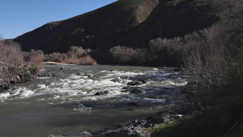 Early spring, a turbulent river flowing through steep cliffs, white water, fast streams, dry bushes, lifeless bushes growing along the rocky banks