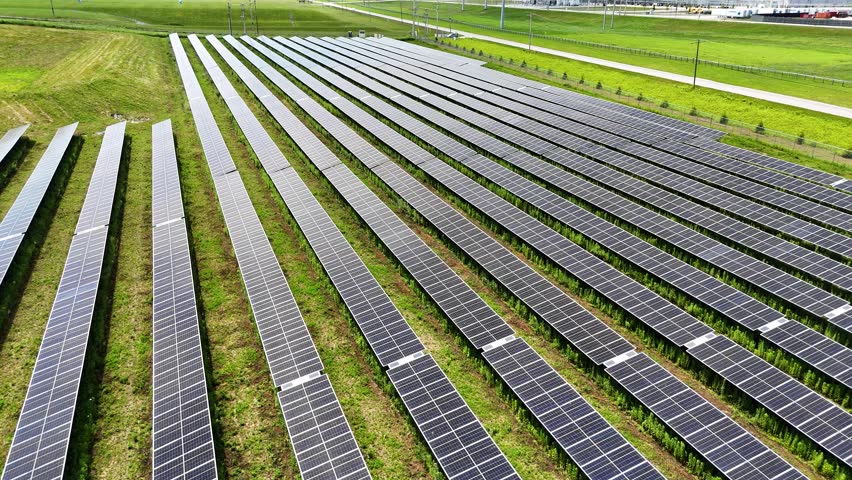 Solar farm for Data Center Campus, Columbus, Ohio, fly over, aerial drone