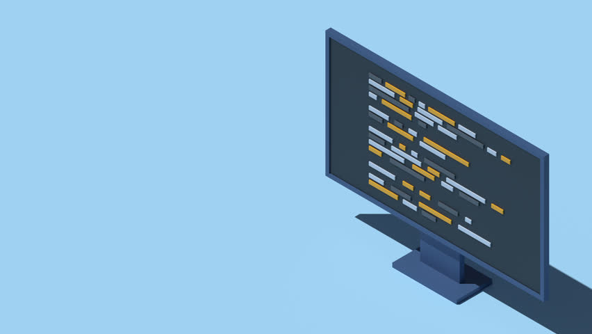 3D isometric monitor animation. Software programming coding concept. Code on computer monitor. Isometric technology. 4K video animated in isometric style