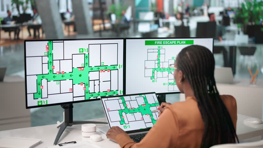 Safety Officer Reviews Emergency Escape Routes On Laptop During Workplace Drill.
