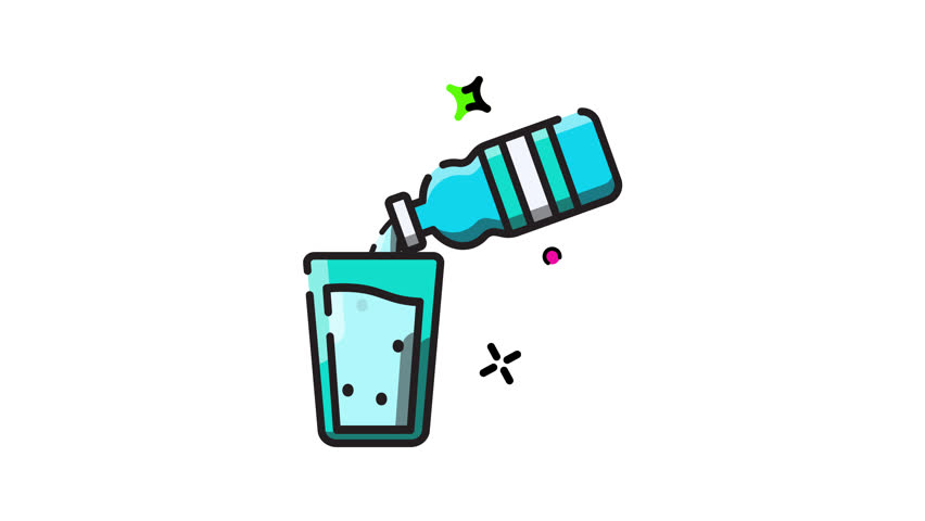 Flat design graphic depicting fresh water pouring from a blue bottle into a glass, styled as a modern vector icon animation concept