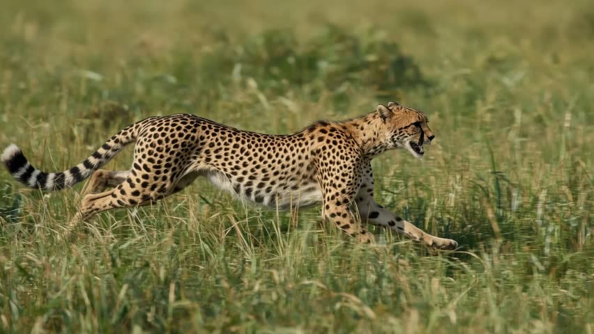 A cheetah sprinting at full speed through tall grass in the African savanna. Filmed in cinematic 4K, this dynamic wildlife scene showcases the agility