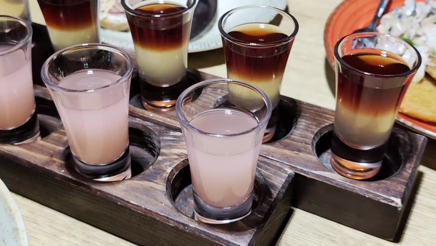Shot glasses with layered brown and yellow drinks and pink-hued beverages, on a dark wooden flight board. Drink sampling presentation suggests indoor bar or restaurant setting.